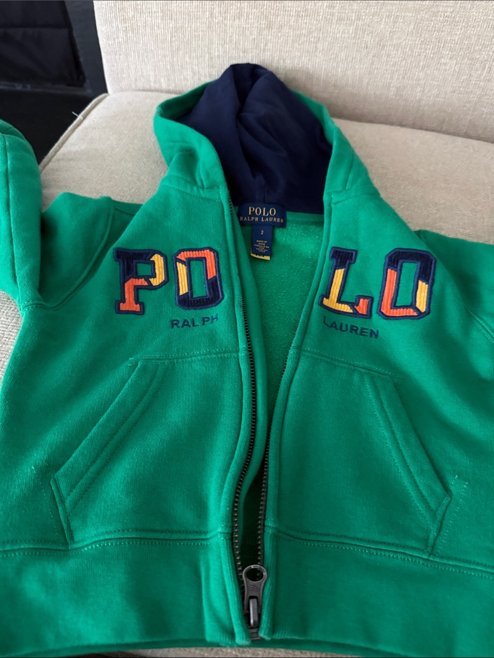 Toddler Polo by Ralph Lauren Green Kids Hooded Zip Sweatshirt with Navy Linning